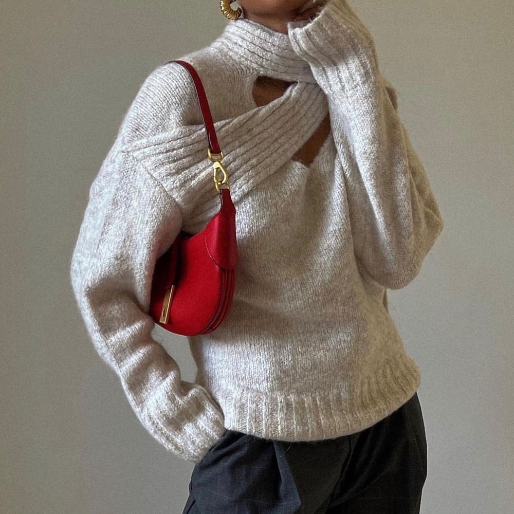 Zara Gray Marl Wool & Alpaca Blend Knit Sweater with Scarf